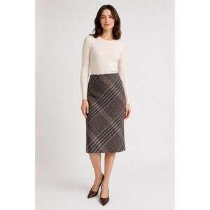 Bottega Veneta Brown Plaid Shetland Wool Midi Pencil Skirt Made in Italy IT‎ 42